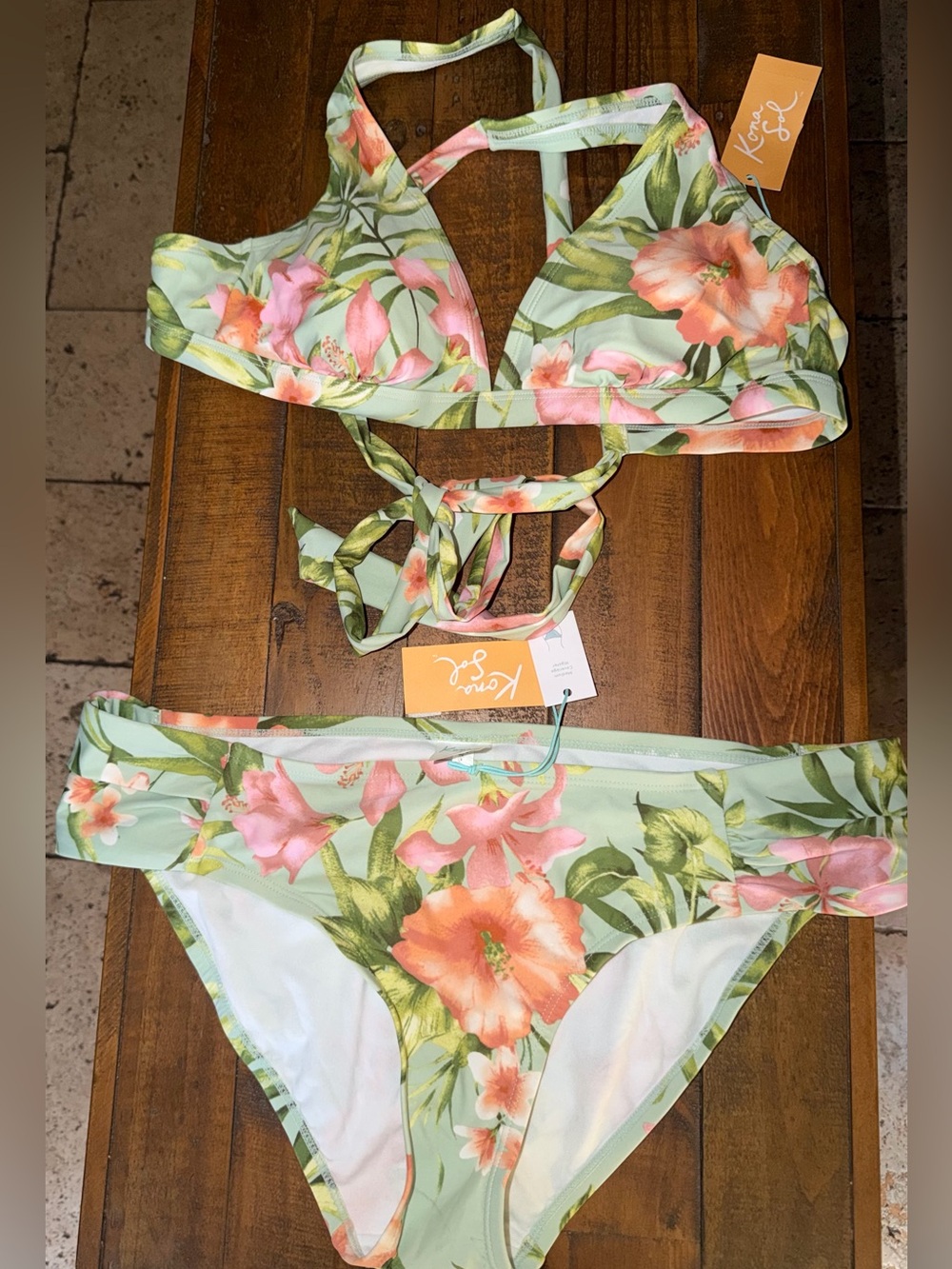 Kona Sol Mint Floral Two-Piece Bikini with Pink & Orange Blooms